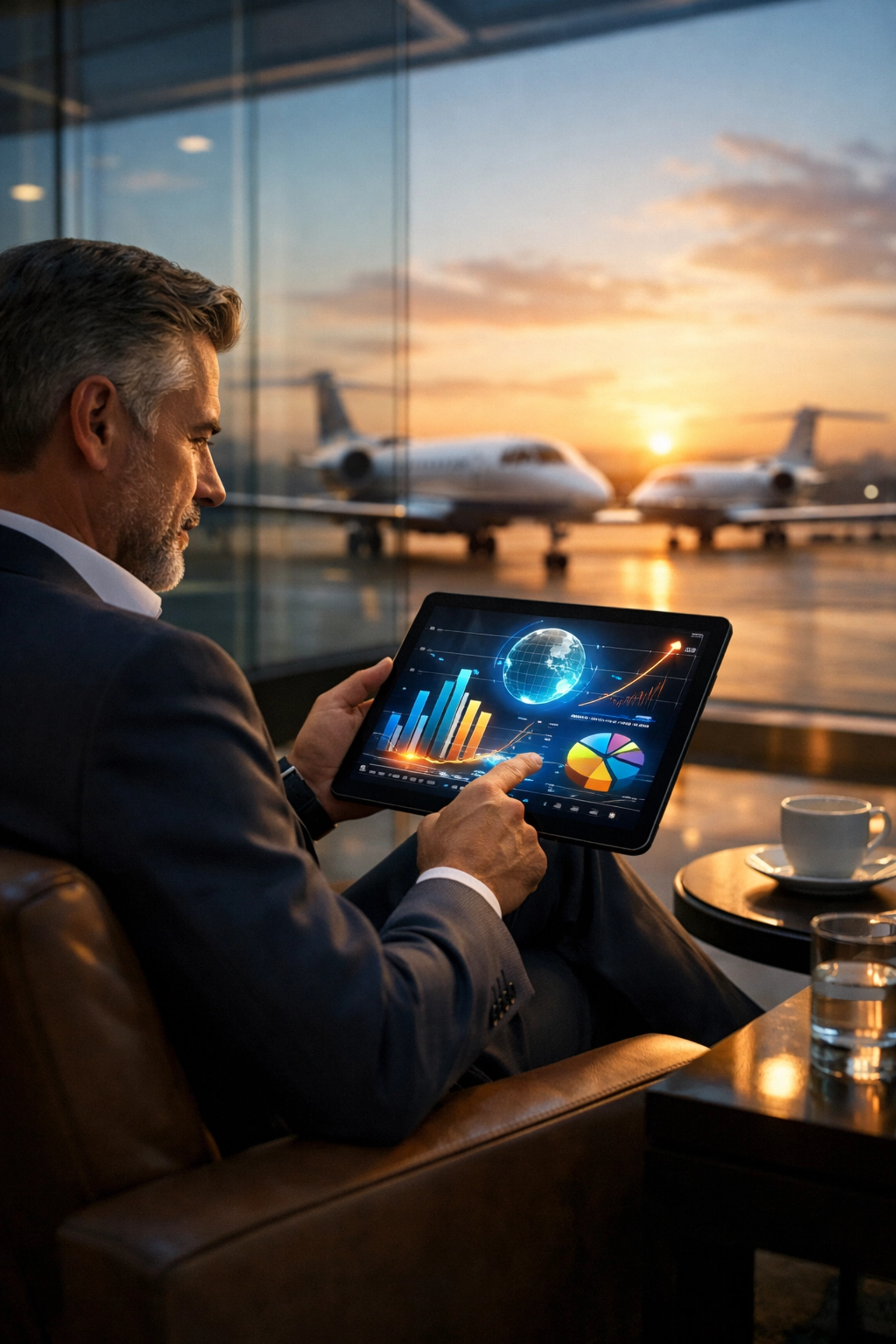 Corporate executive reviewing ROI analytics and managed travel performance on a digital tablet.