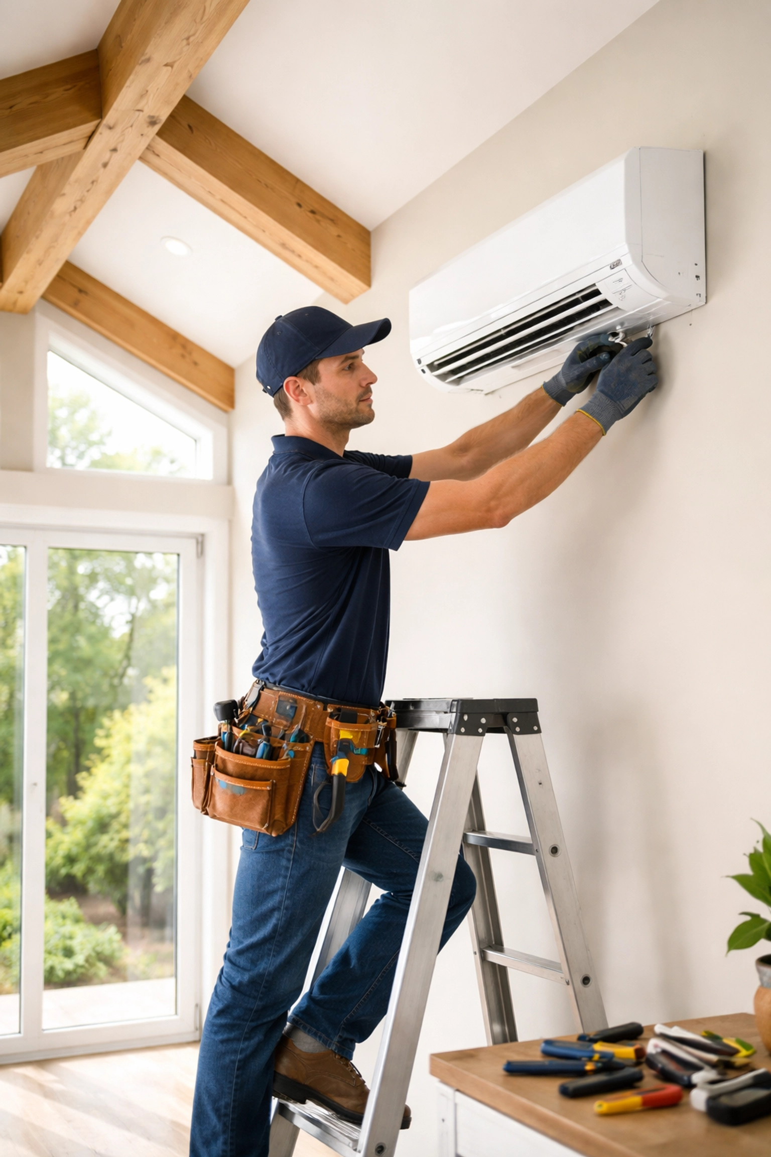 Licensed Maine electrician installing a mini split system in a bright, modern home addition.
