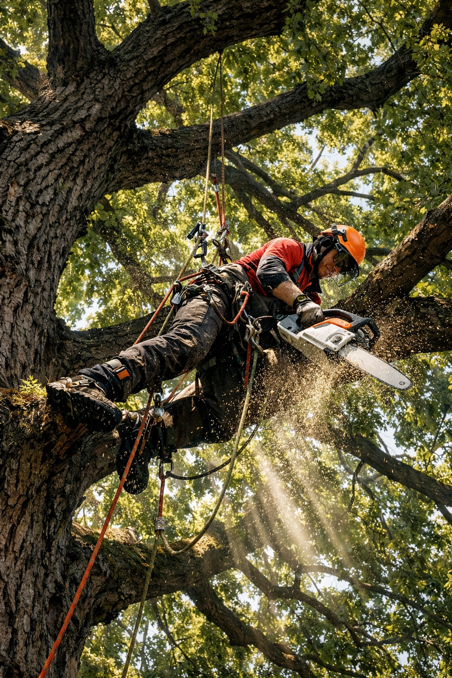 Professional arborist using a chainsaw and safety harness while working high in a Connecticut oak tree.