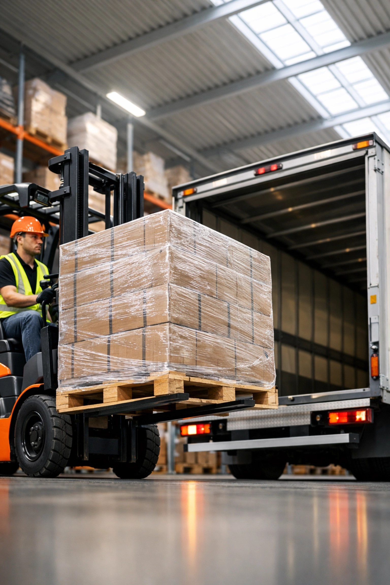 Forklift operator loading pallet onto delivery truck for next-day UK freight service