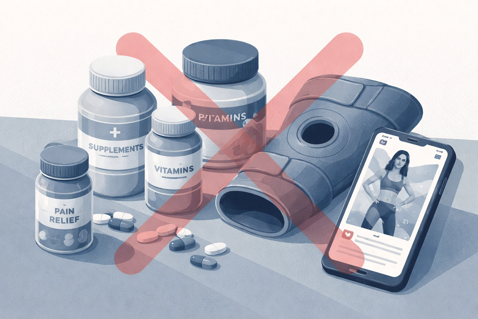 Supplements, knee brace, and smartphone shown as common quick fixes for knee arthritis that rarely work.