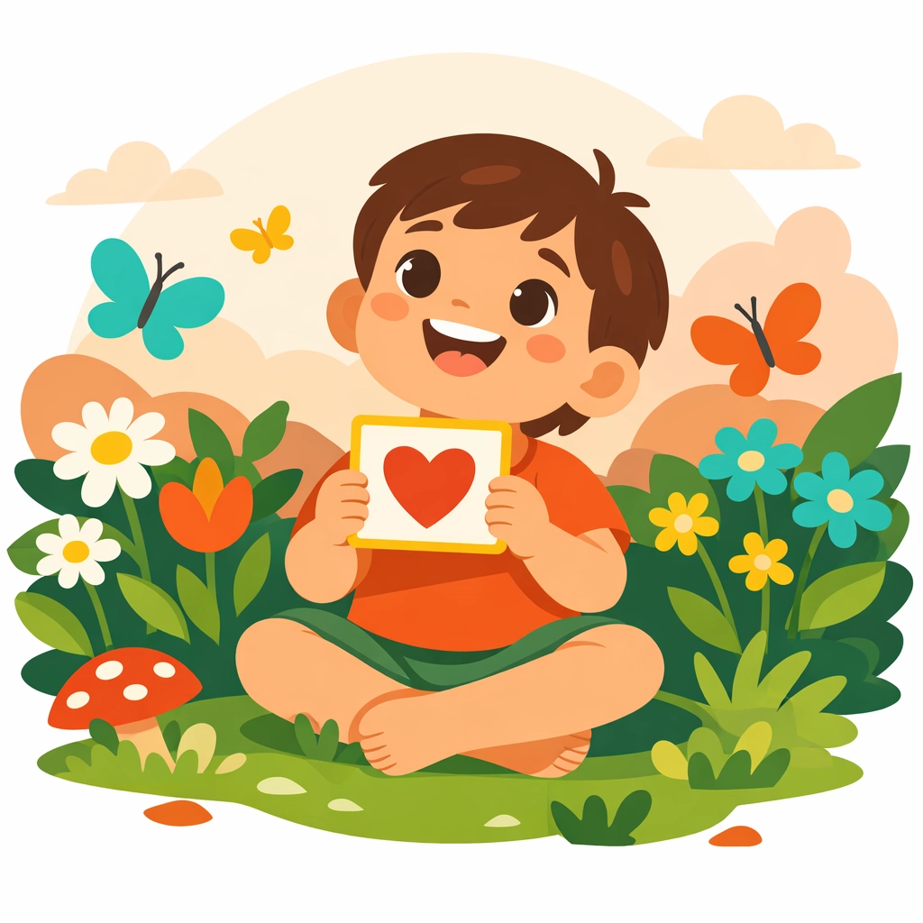 Child using a communication card in a garden as part of applied behavior analysis for children.