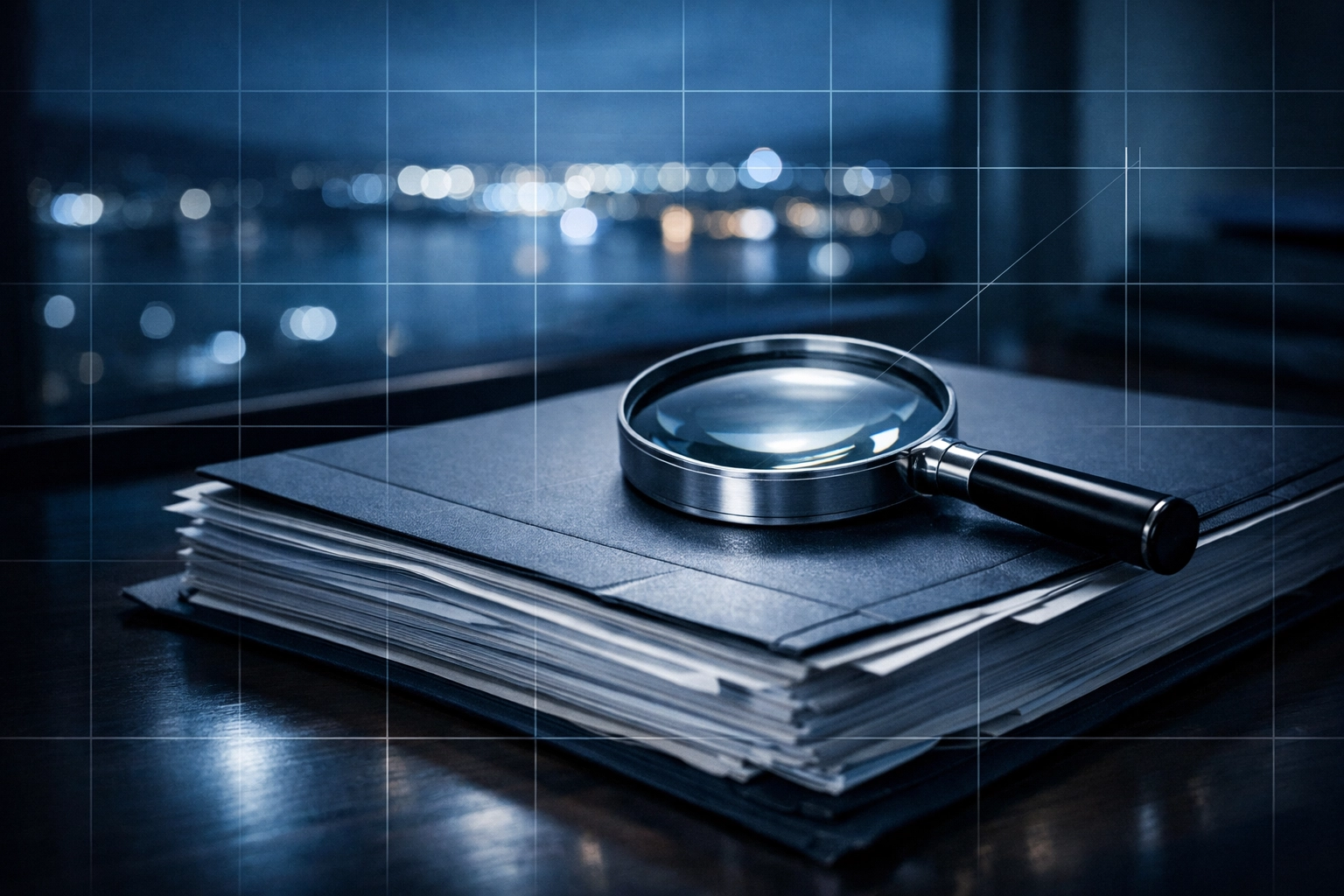 Magnifying glass on a legal case file for strategic DUI and criminal defense investigation.