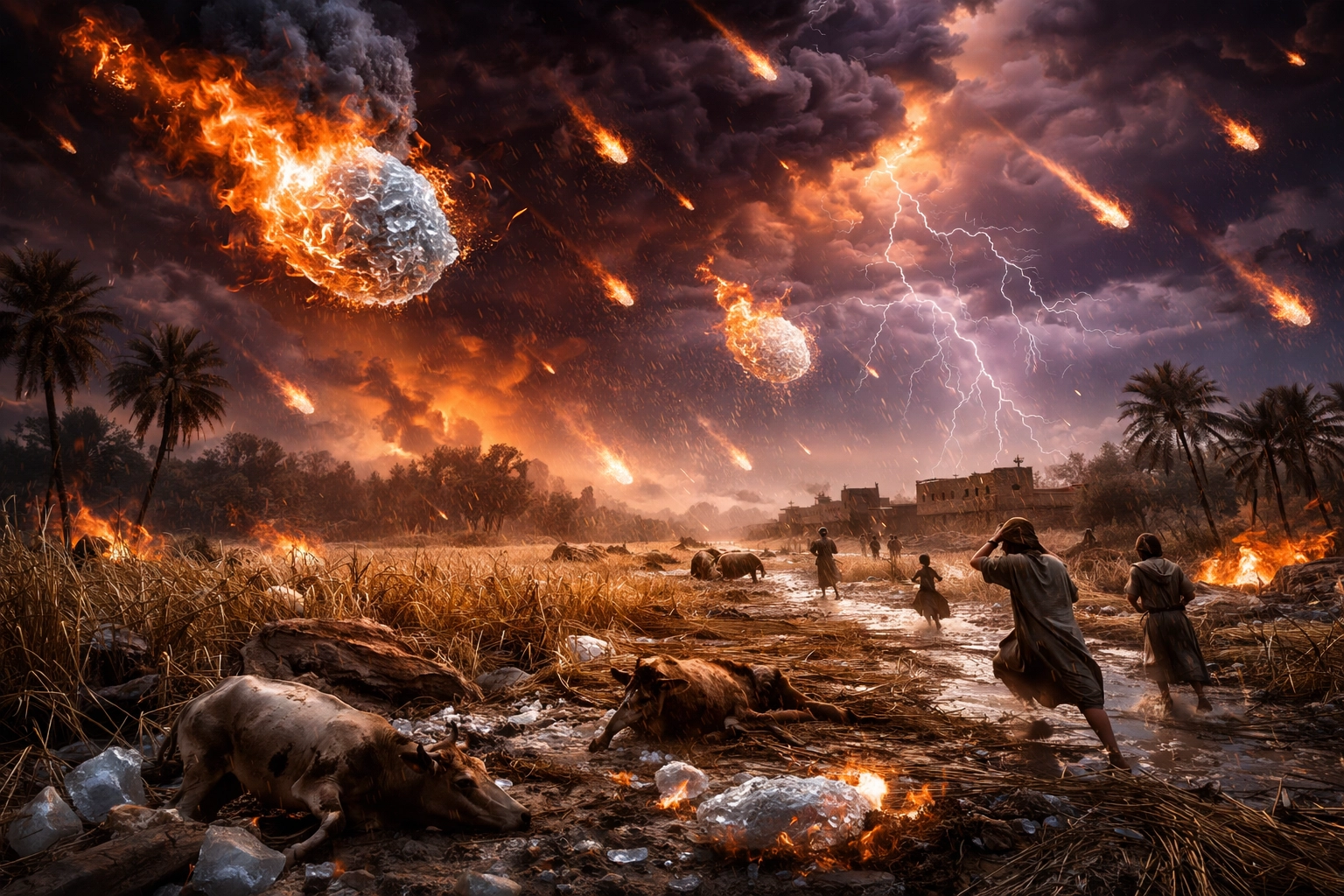 Cinematic illustration of the seventh plague of Egypt, showing hail and fire falling on ancient Egyptian farmland and fleeing farmers.