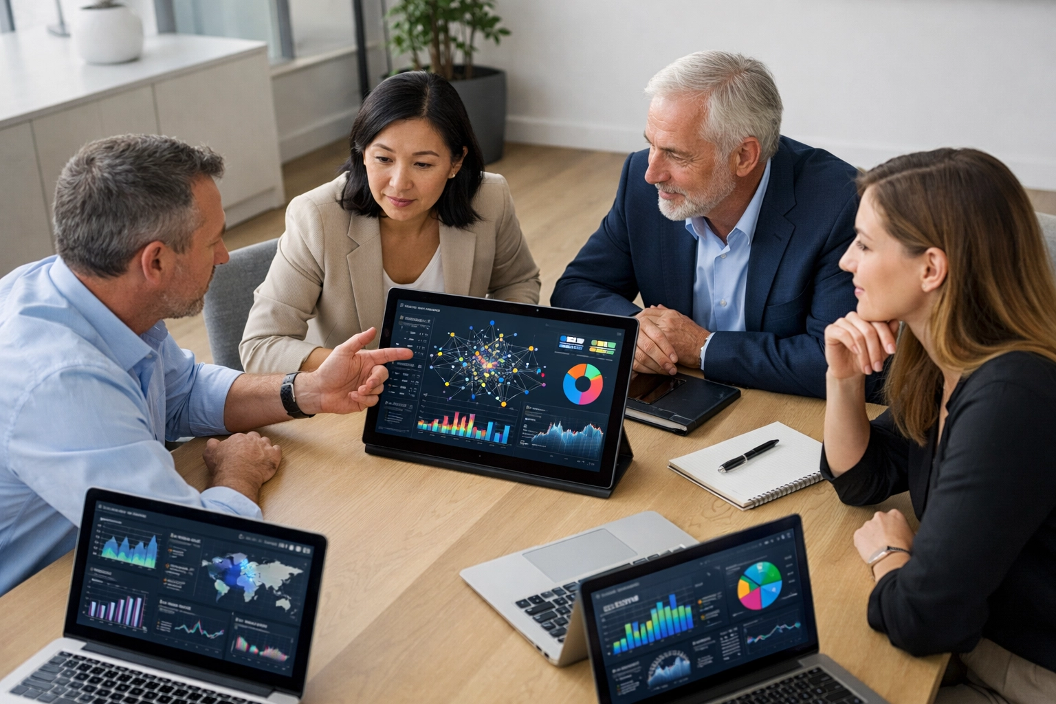 Professional IT team analyzing ServiceNow ITOM visibility dashboards to maximize operational ROI.