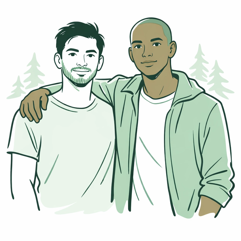 Two men standing together in solidarity, representing community support and safe spaces for gay men.