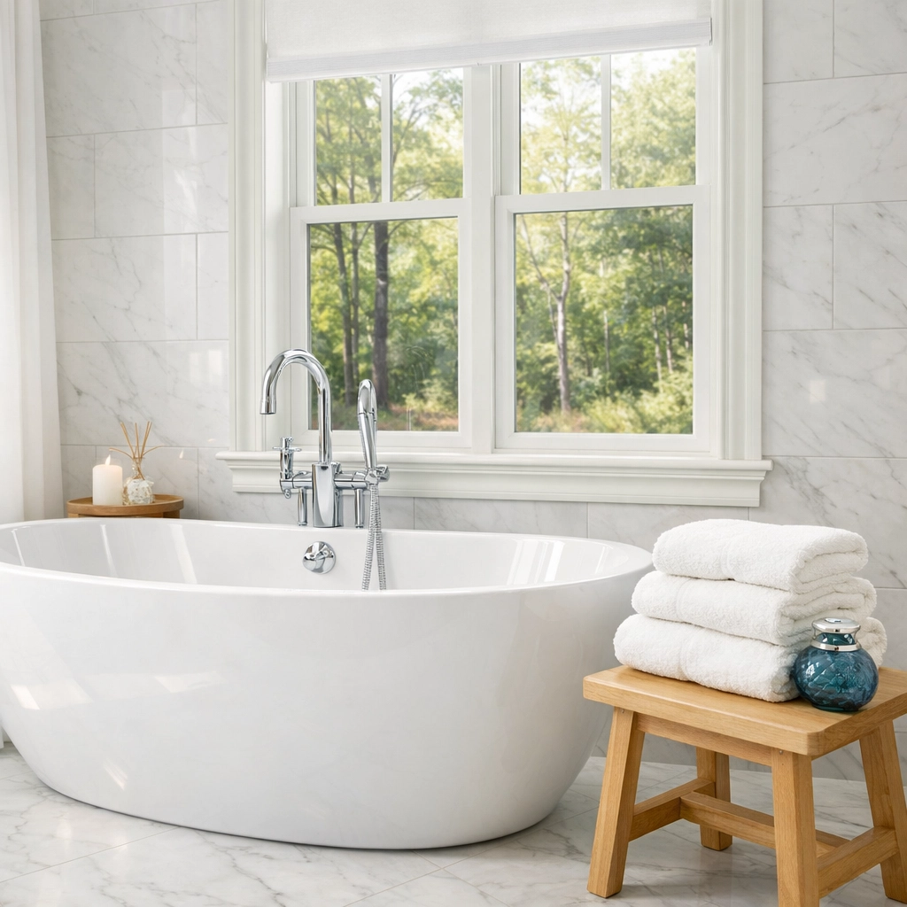 A luxury Boxborough bathroom sanitized by professional cleaners using eco-friendly house cleaning techniques.