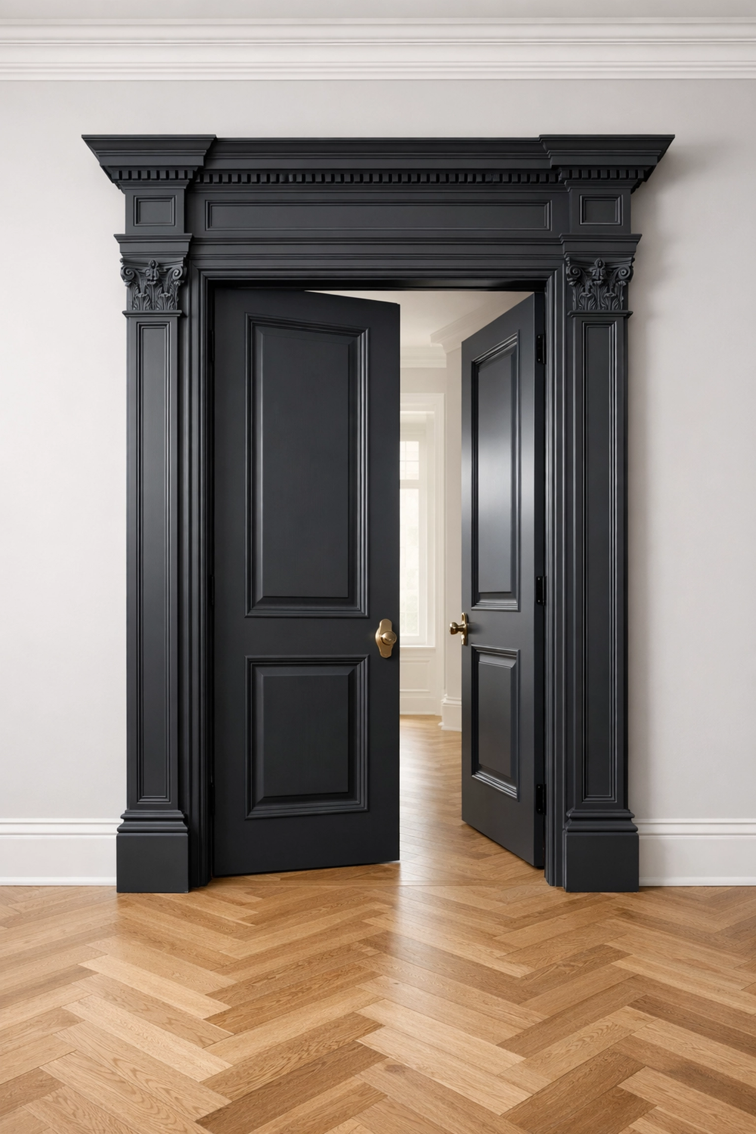 Dark charcoal grey architrave and door painted by expert painters and decorators in Cheltenham.