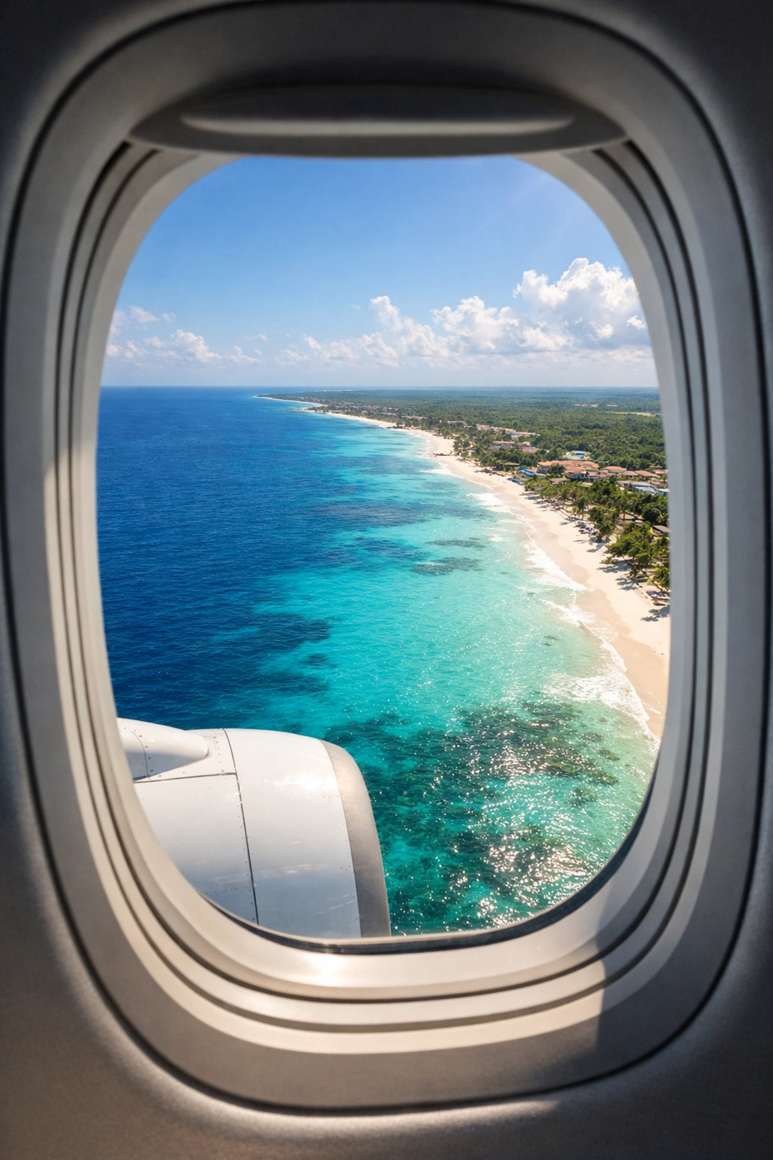 Aerial view of the turquoise Riviera Maya coastline from a non-stop flight from Detroit Metropolitan Airport.