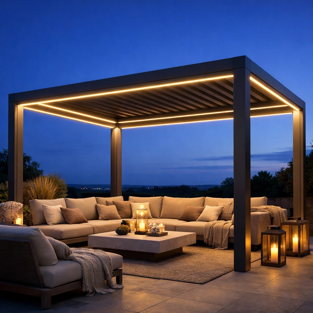 Stimmungsvolle Terrassenüberdachung in Wien mit LED-Beleuchtung für gemütliche Abende im Freien.