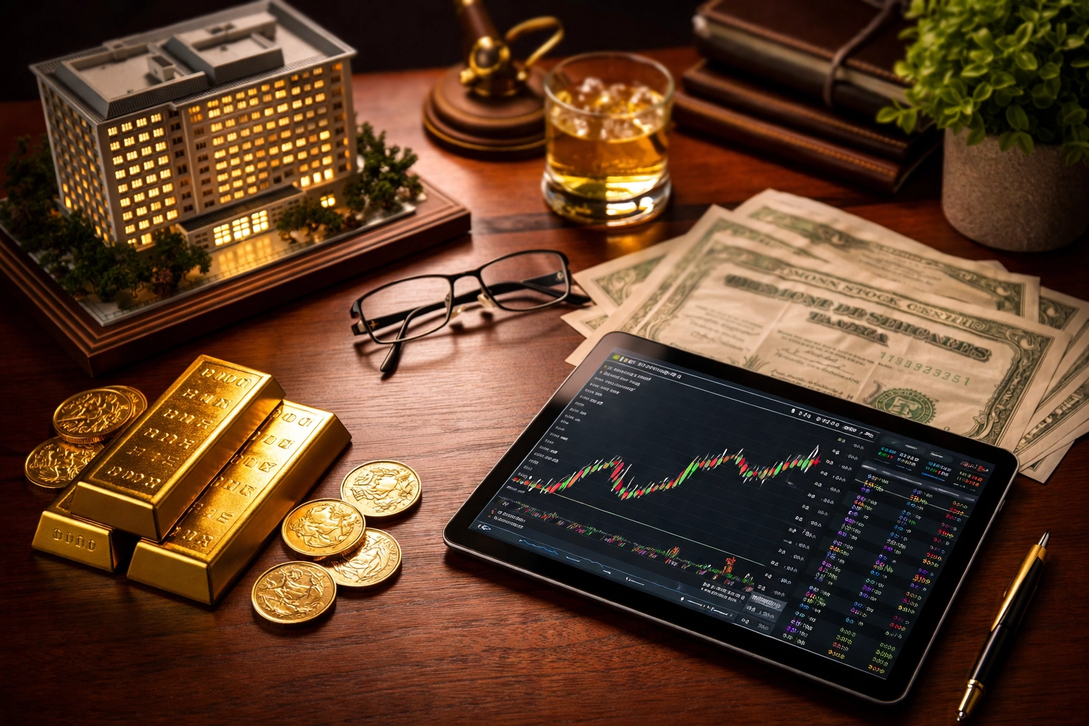Investor's desk with real estate, gold, crypto and stock assets showing portfolio diversification for accredited investors
