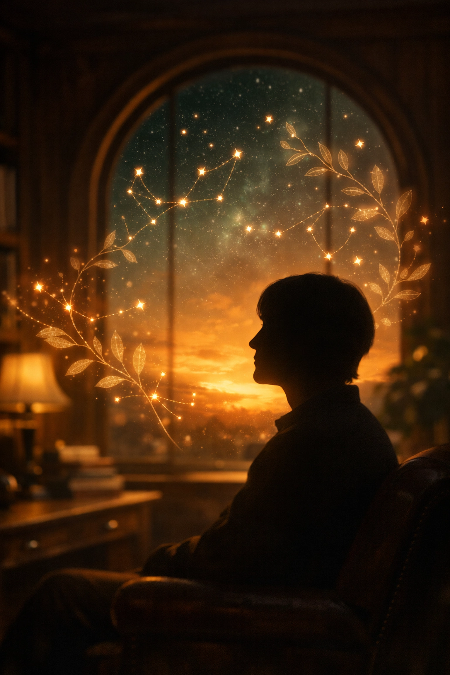 Person in a study overlooking a cosmic night sky, representing psychoastrology and the soul’s journey.