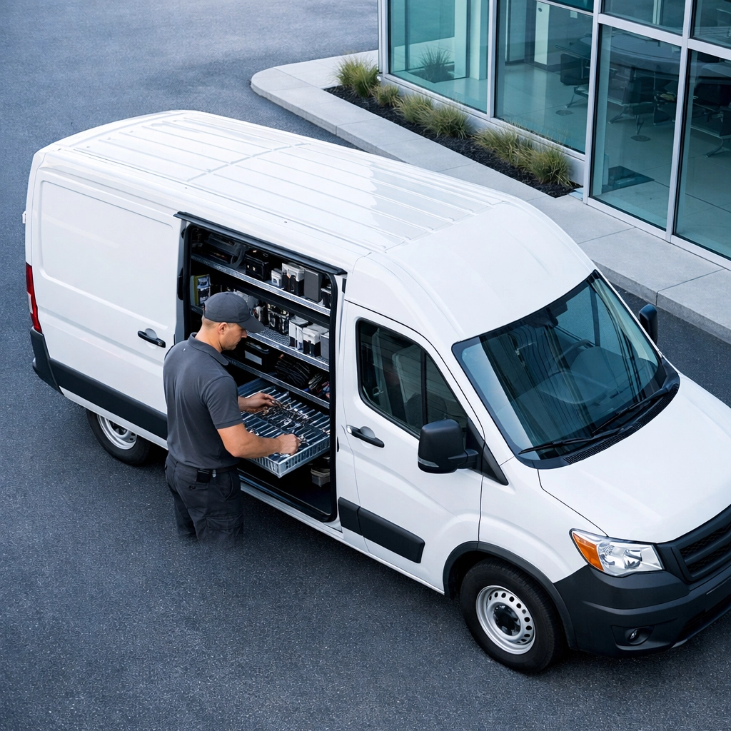 Professional technician organizing tools in a service van for an Alabama home service franchise.