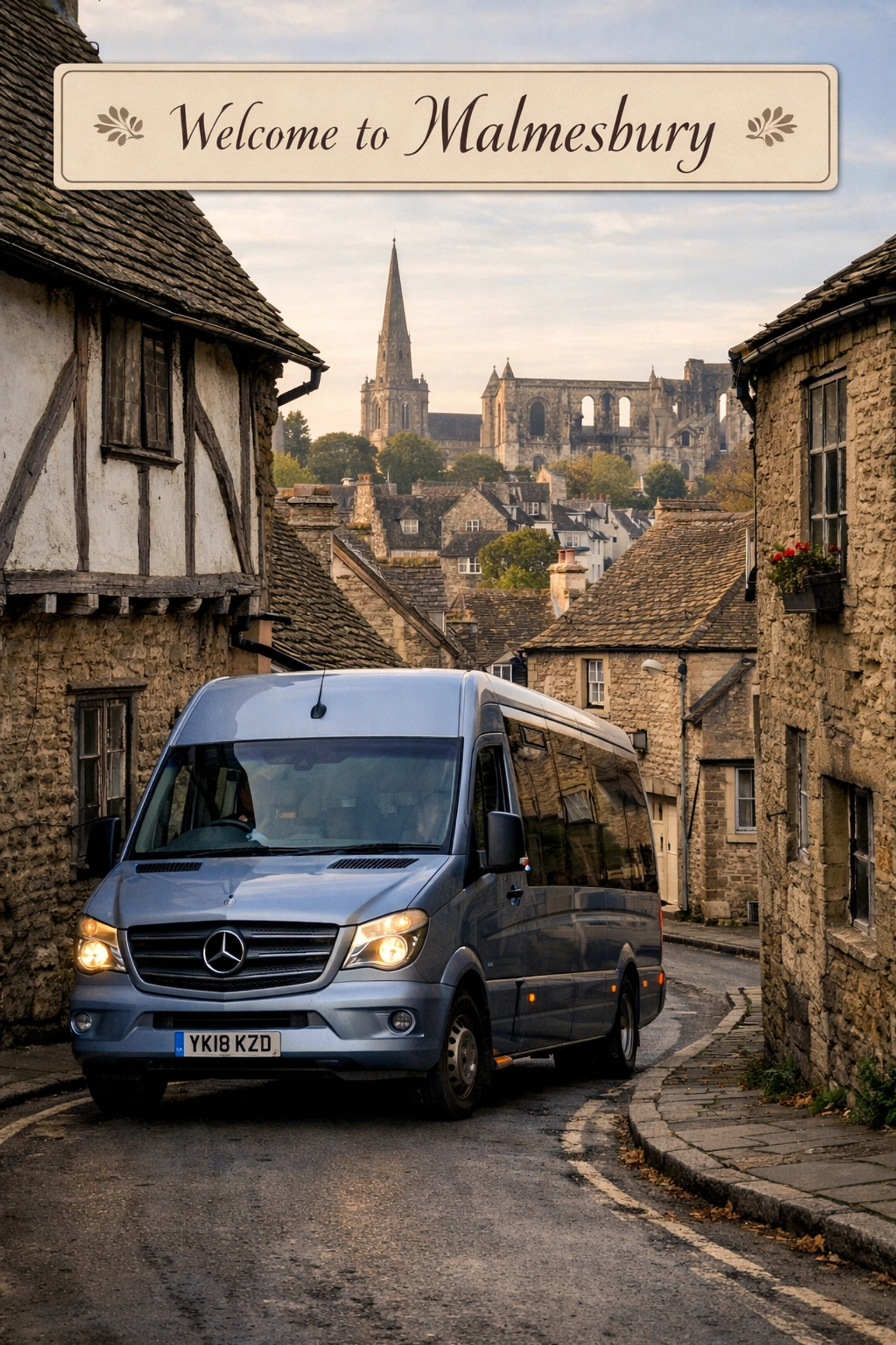 A silver blue Mercedes minibus navigating a narrow medieval street in Malmesbury.