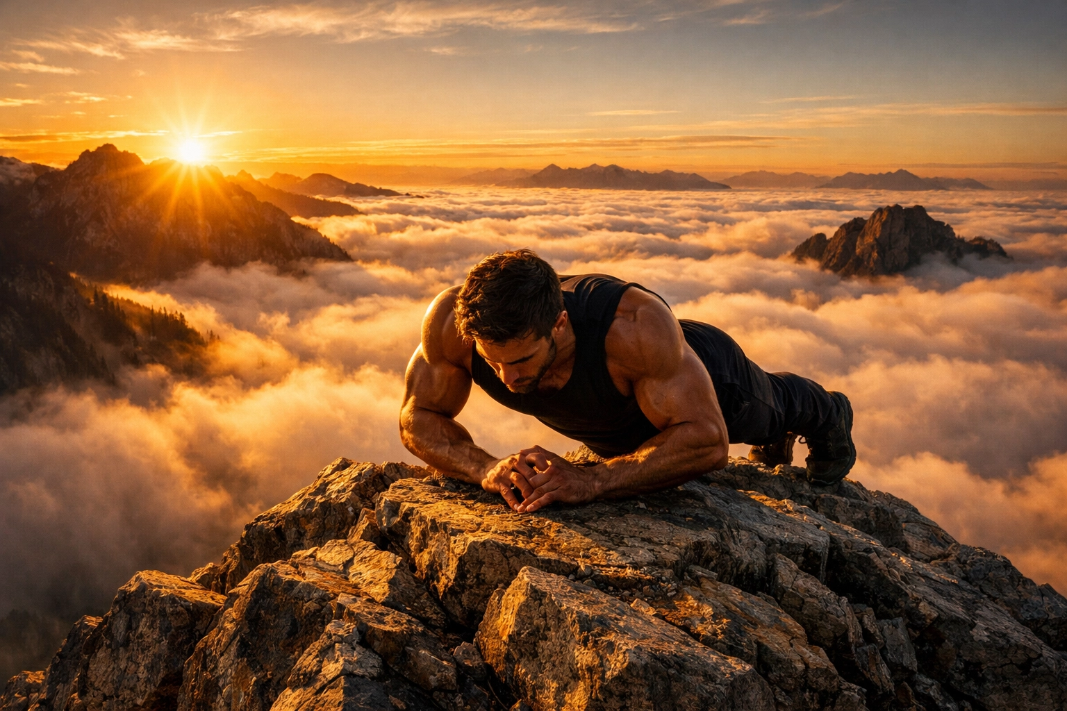 A man practicing discipline for men with push-ups on a mountain peak to live the life of your dreams.