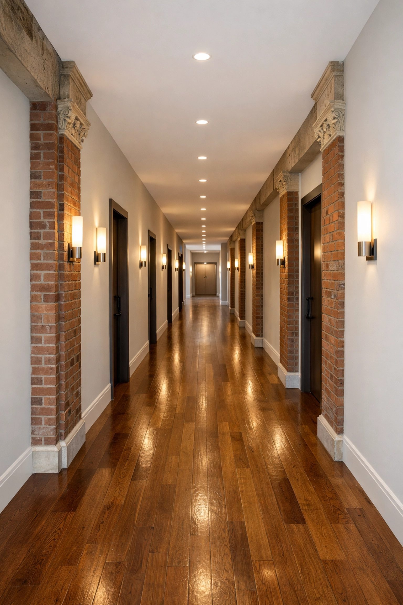 Symmetrical hallway of a Detroit luxury apartment building showing professional property maintenance standards.