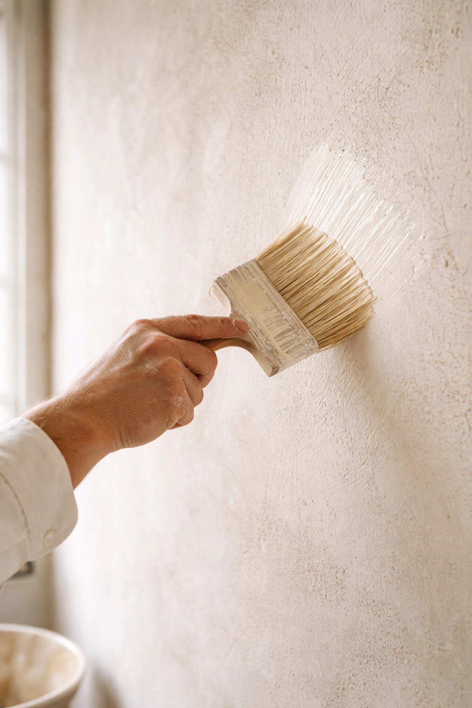 Decorator applying limewash to traditional plaster, demonstrating expert period property painting technique.