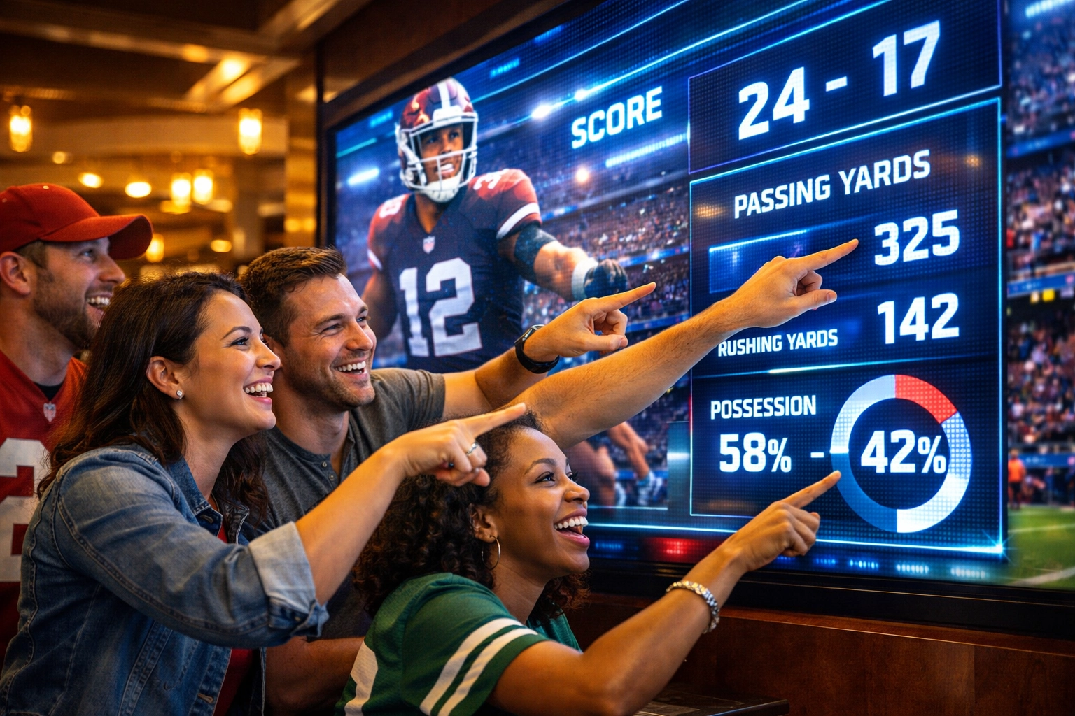 Sports fans interacting with real-time digital content on a stadium LED wall display.