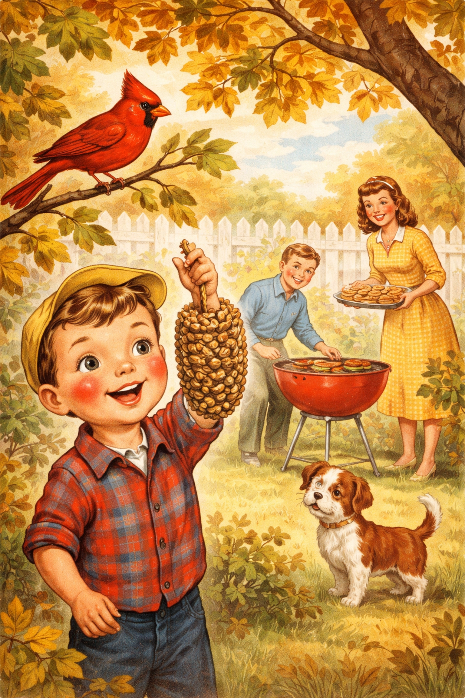 Family enjoying a DIY pinecone bird feeder project in a cozy backyard with a cardinal perched nearby