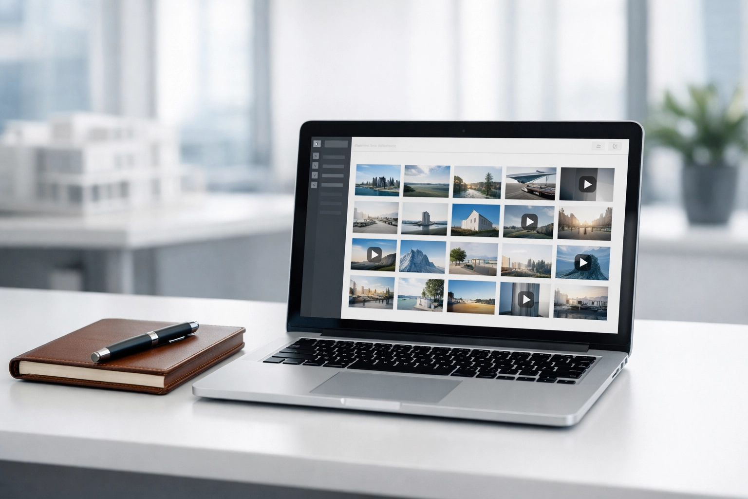 Modern creative desk with a media management interface for efficient asset organization and brand consistency.