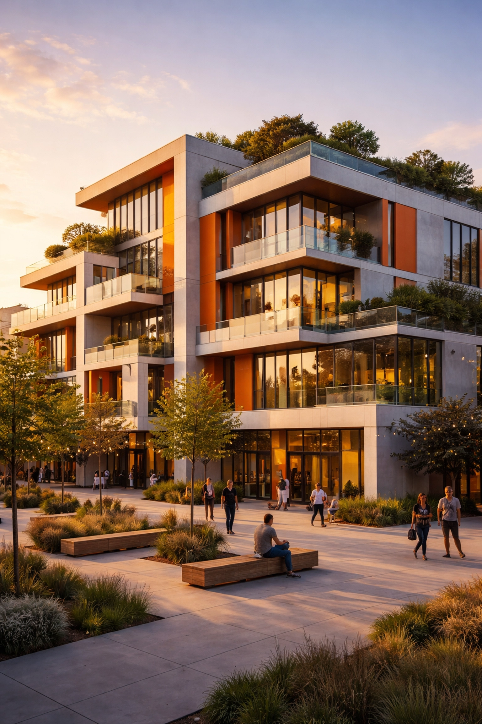 Sustainable mixed-use building in the Bay Area with community plaza, eco-friendly features, and residents interacting