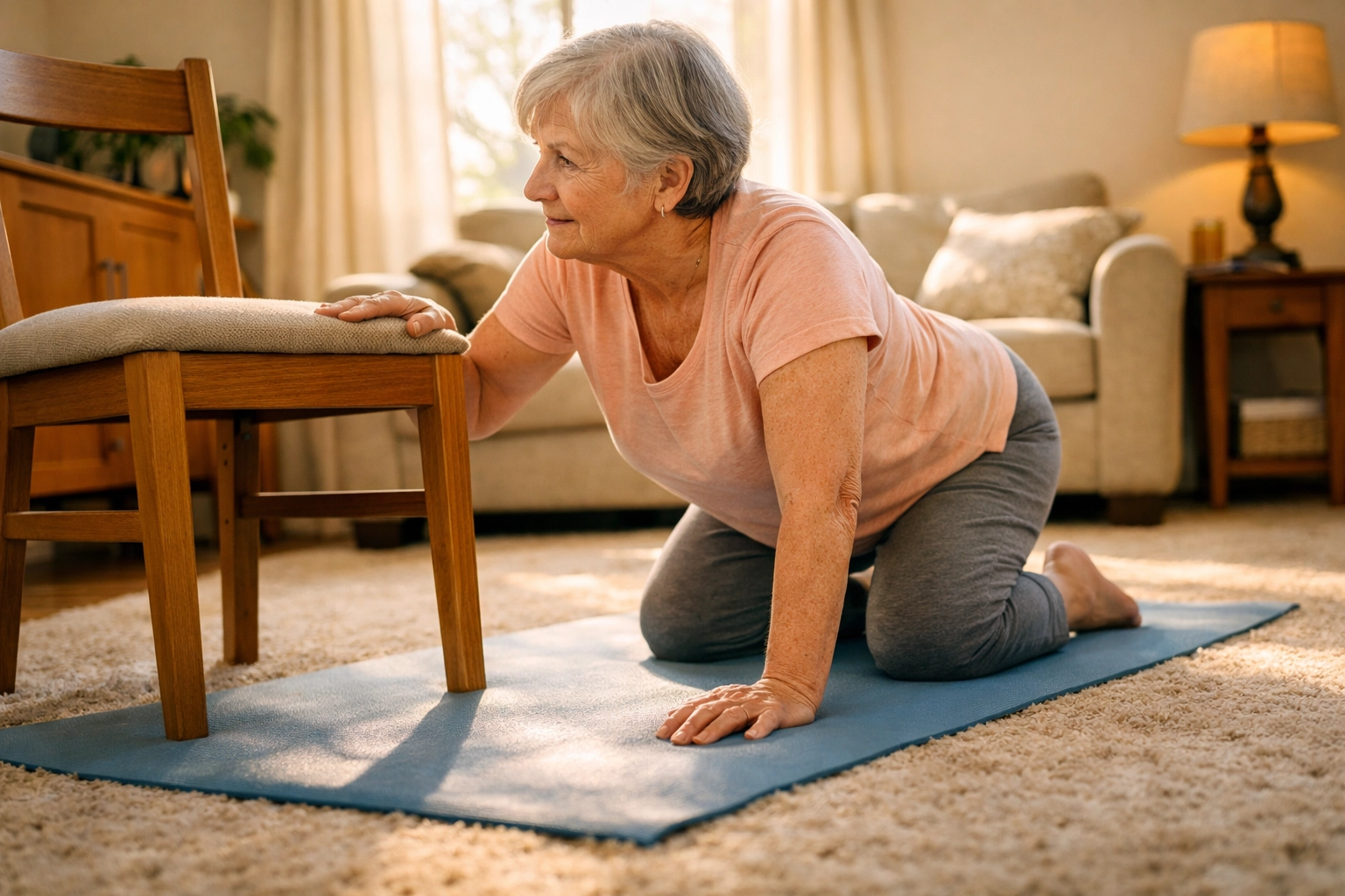 Senior woman practicing fall recovery in hands-and-knees position using chair for support