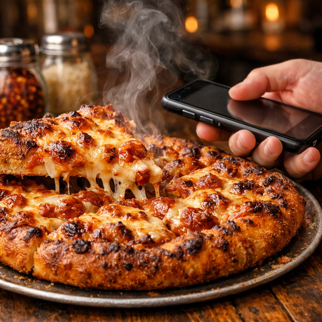 Close-up of a cheesy Montreal-style pizza being purchased with a digital coupon on a smartphone.