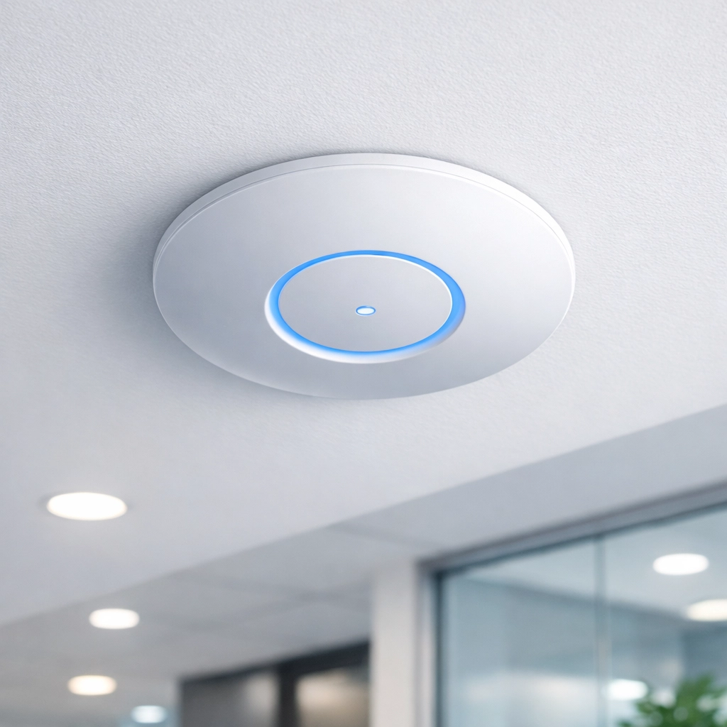 Ceiling-mounted WiFi access point installed in modern office for optimal coverage