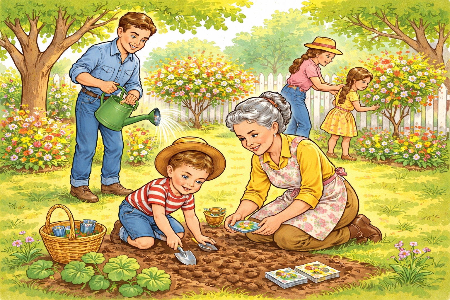 Family gardening together in a sunny backyard, building bonds and growing plants as a team