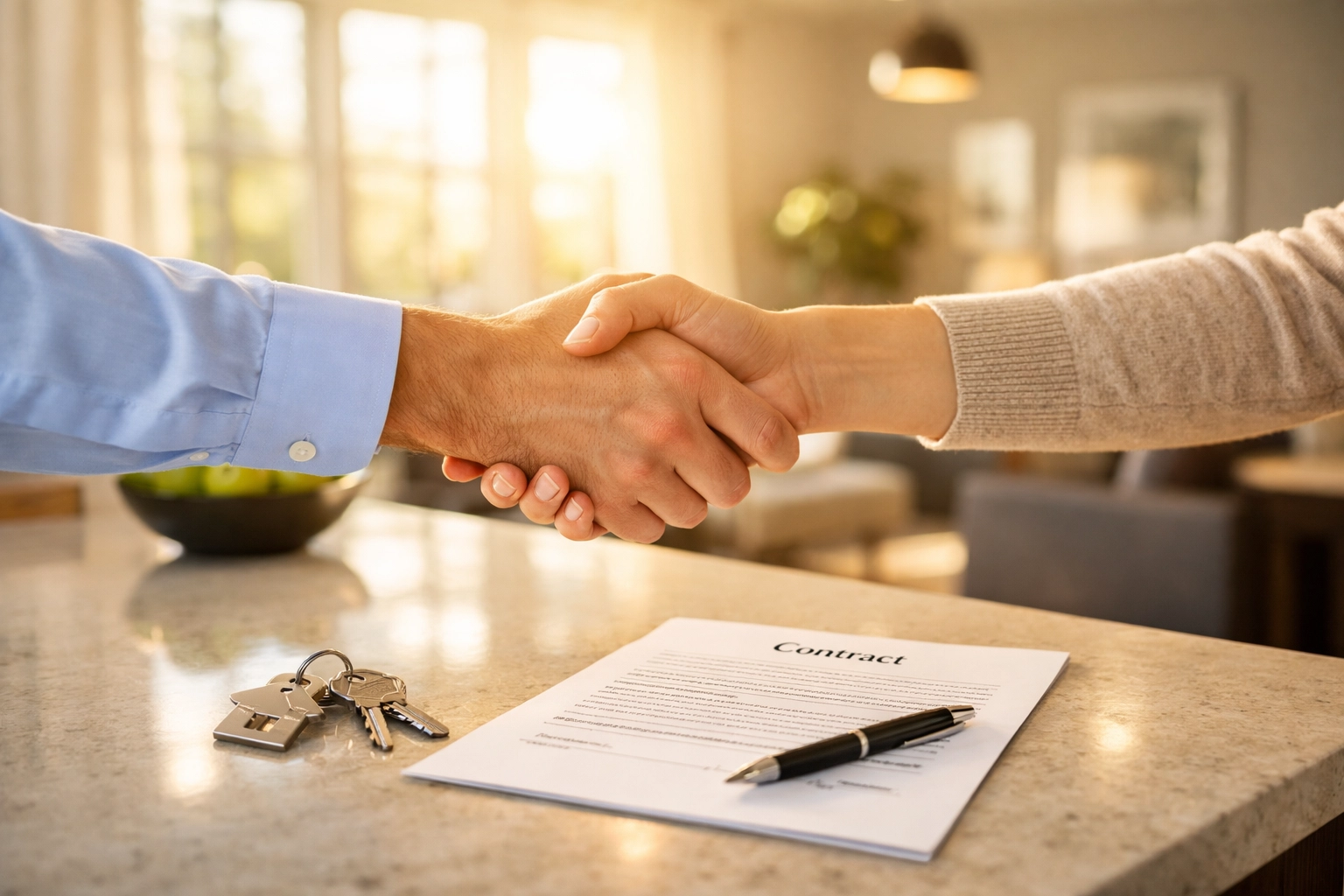 Handshake over house keys completing a cash offer on a Georgia home