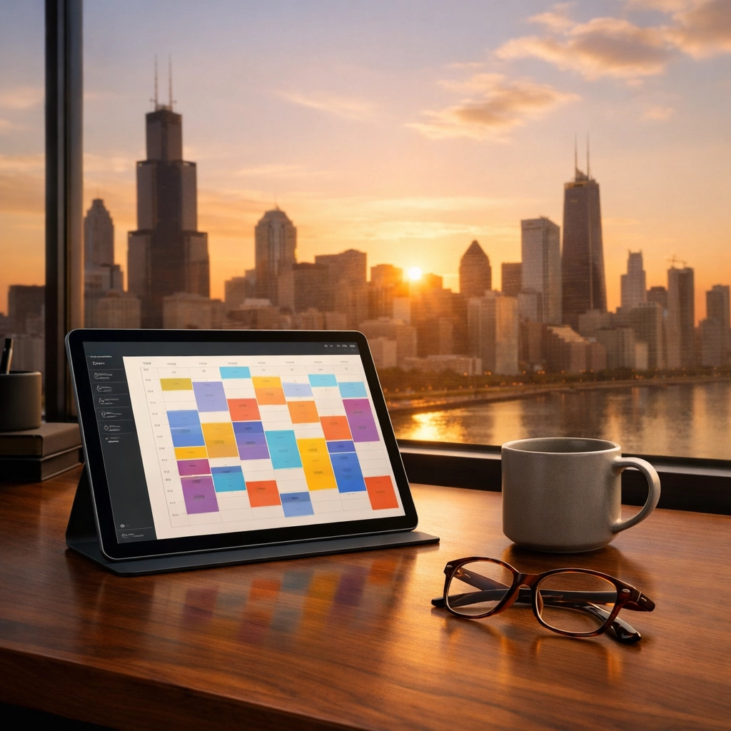 Tablet with a move-out cleaning schedule on a desk overlooking the Chicago skyline at sunrise.