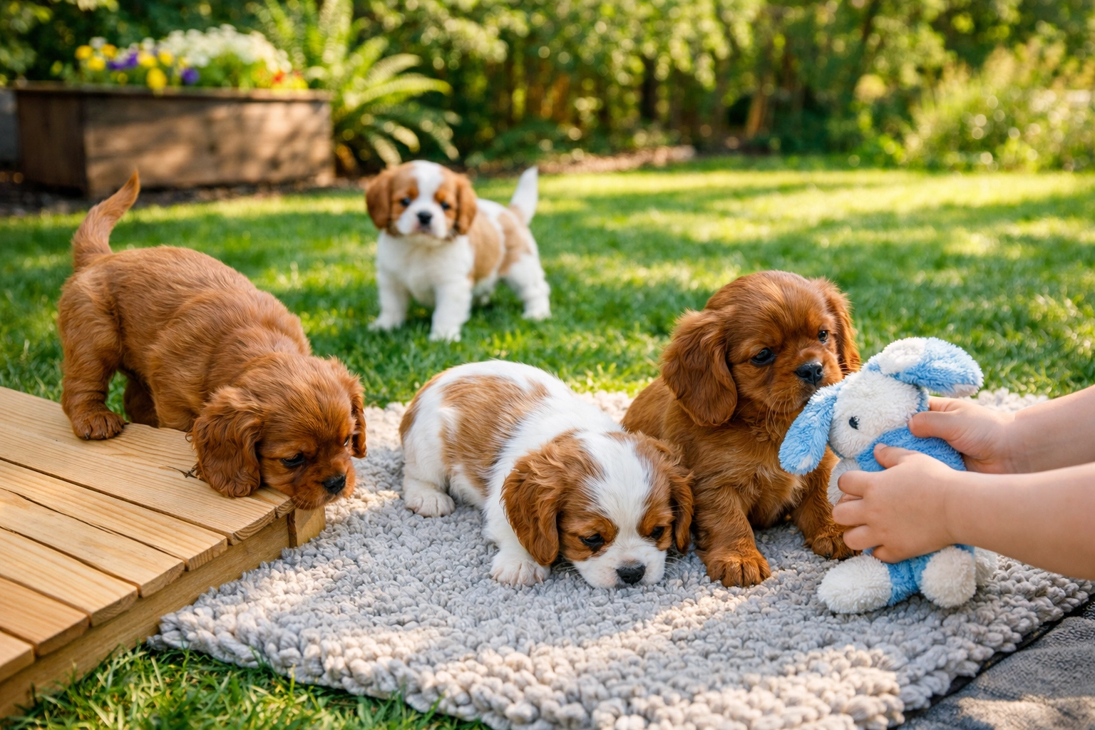 Socialized puppies from an AKC Cavalier King Charles Breeder in Boring Oregon playing in a yard.