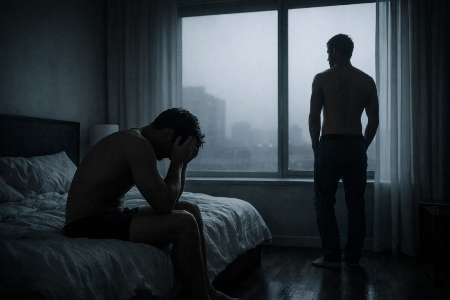 Gay couple sitting apart in a dim room at dawn, symbolizing the loss of intimacy and love to addiction.