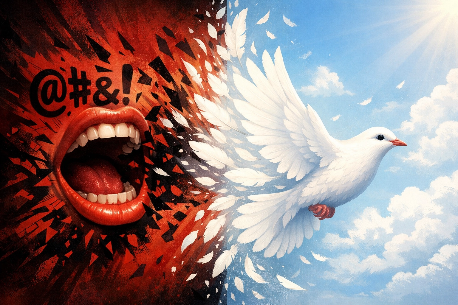 Symbolic image of peaceful speech transforming harsh words into a dove for Lenten reflection