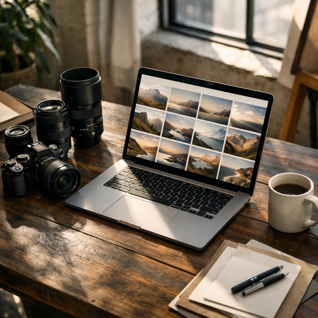 Photography workspace in a Wynwood loft showing a portfolio for commercial jobs for photographers.
