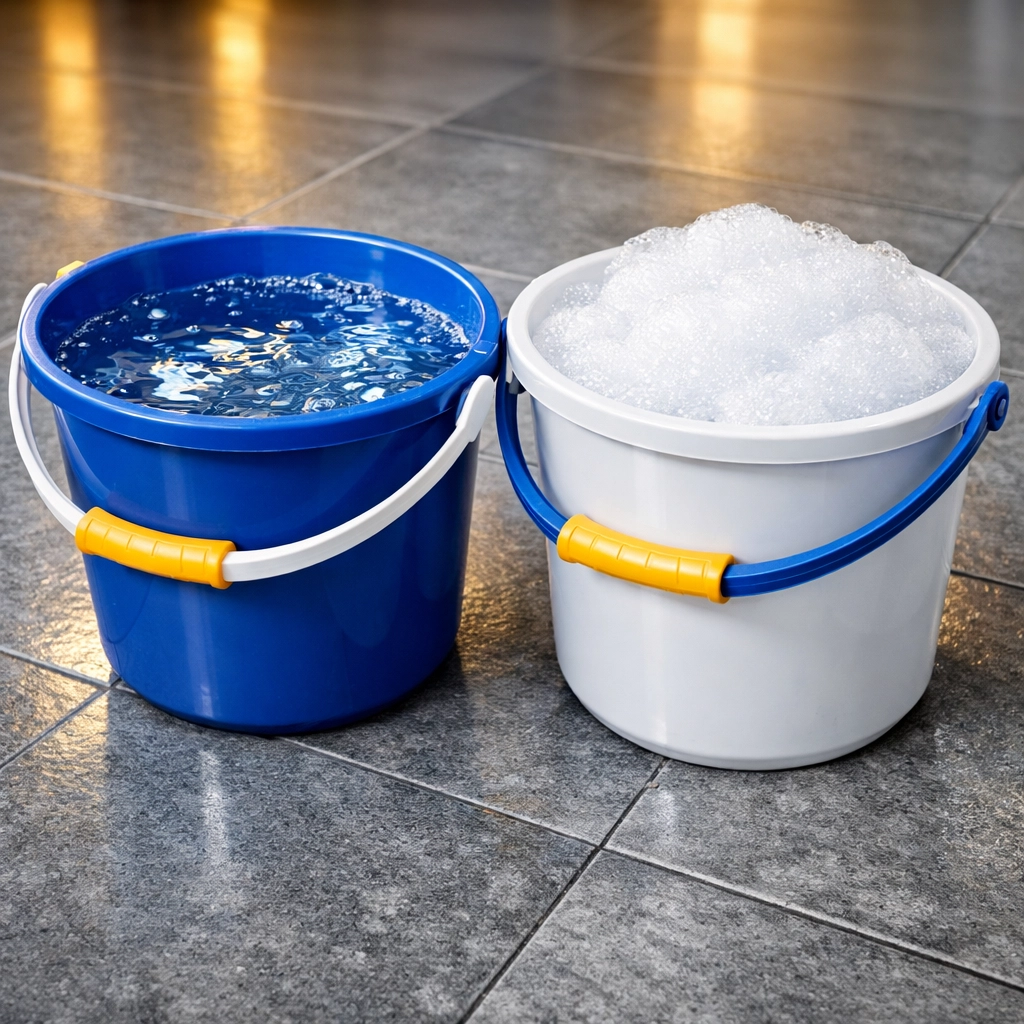 Two-bucket mopping system for professional tile floor cleaning with soapy and clear water.