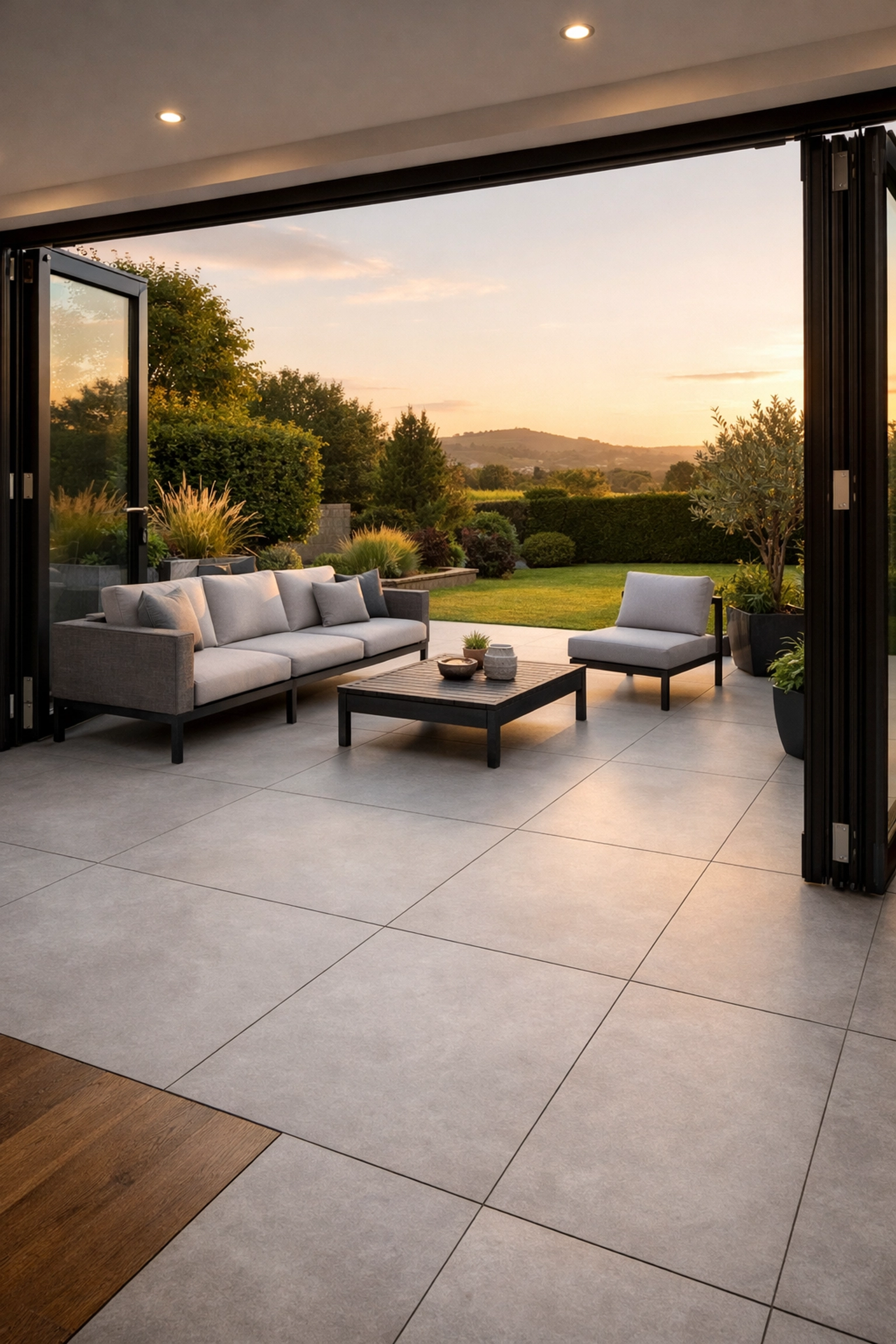 Modern light grey porcelain patio tiles in a South Wales garden with sleek bifold doors.