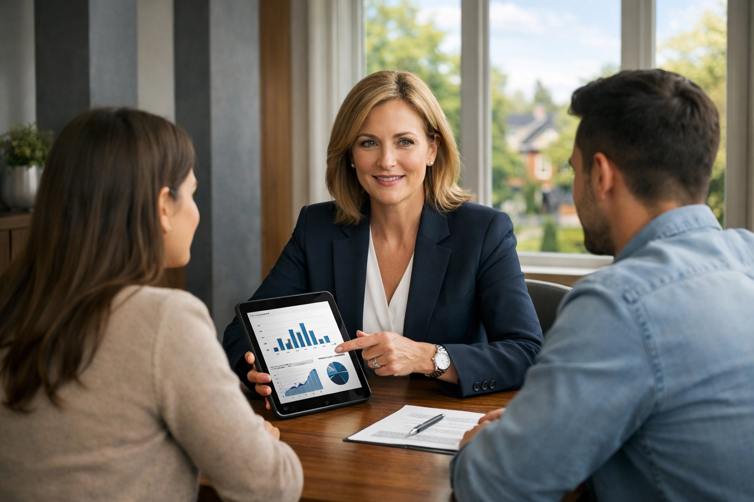 BuyRealty.ca Brokerage agent discussing market data with first-time buyers in a modern Ontario home.