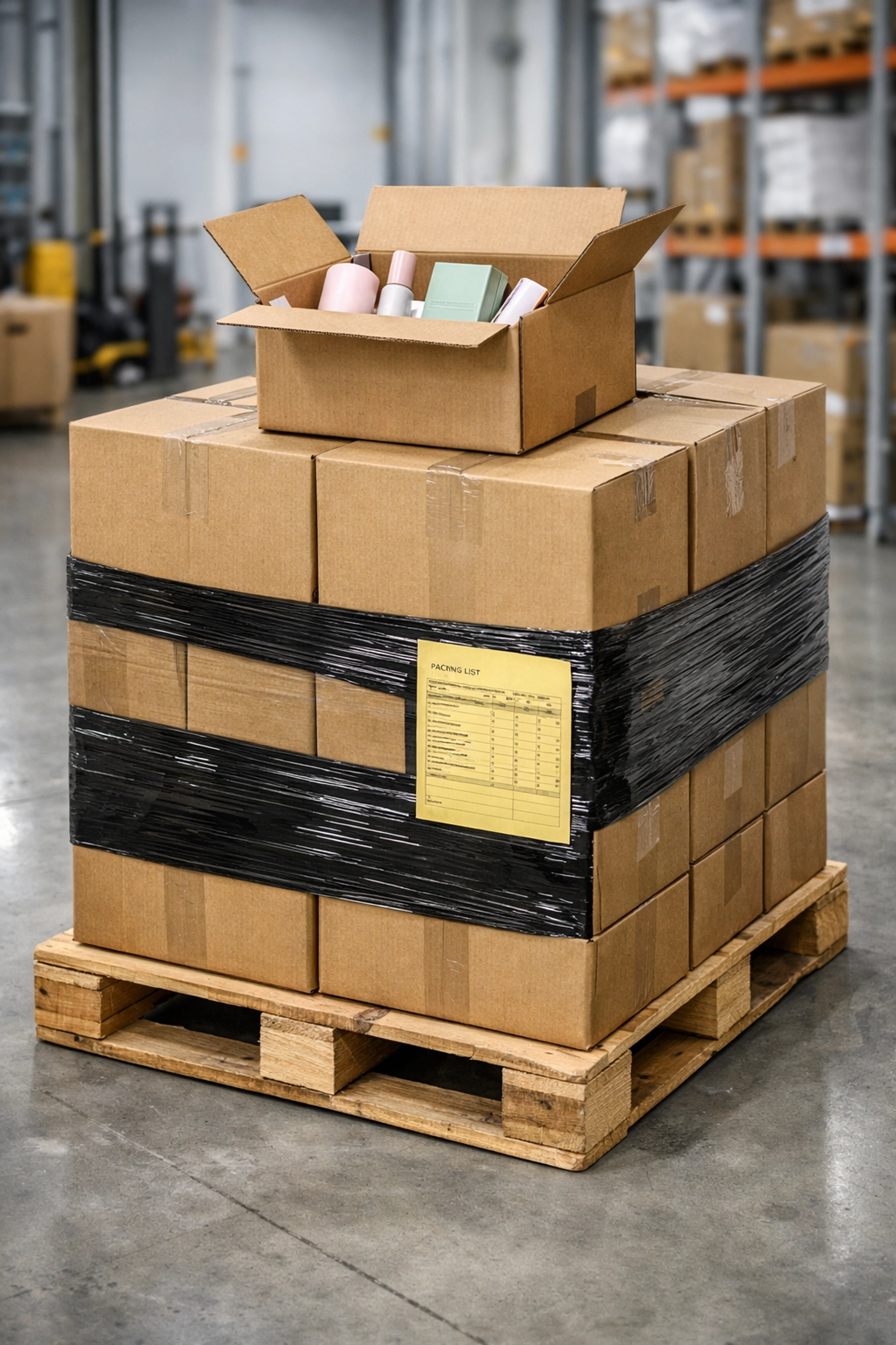Wholesale liquidation pallet in a warehouse filled with boxes of K-beauty cosmetic products for resale.