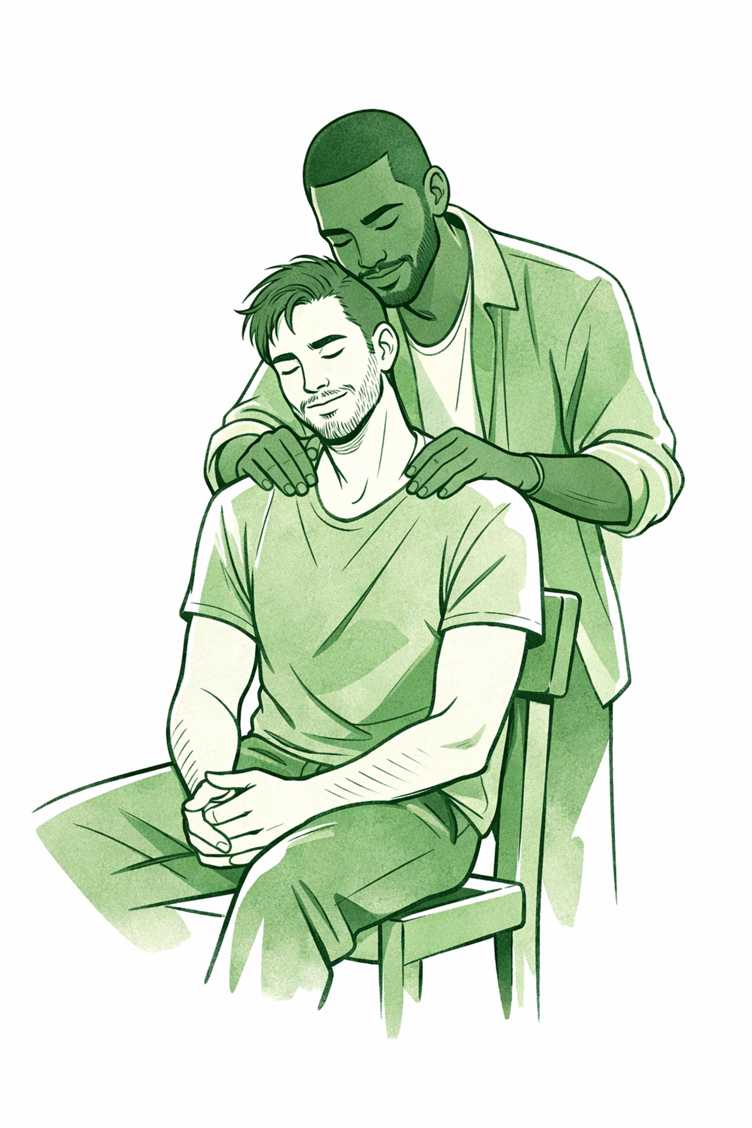 Minimalist sketch of a gay couple sharing a tender moment, highlighting the emotional sanctuary of LGBTQ+ literature.