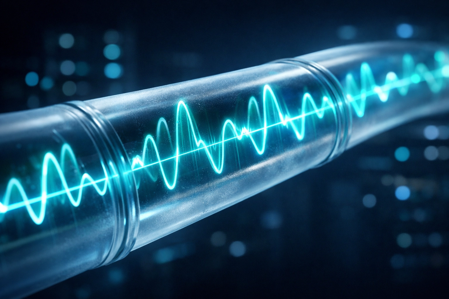 Encrypted voice data waves flowing through a secure digital tunnel for Cloud PBX privacy.