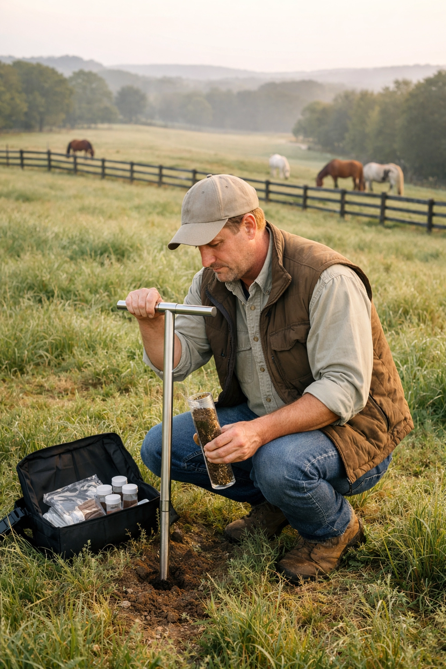 Farm manager collecting soil samples in Charlotte Metro horse pasture for pH testing