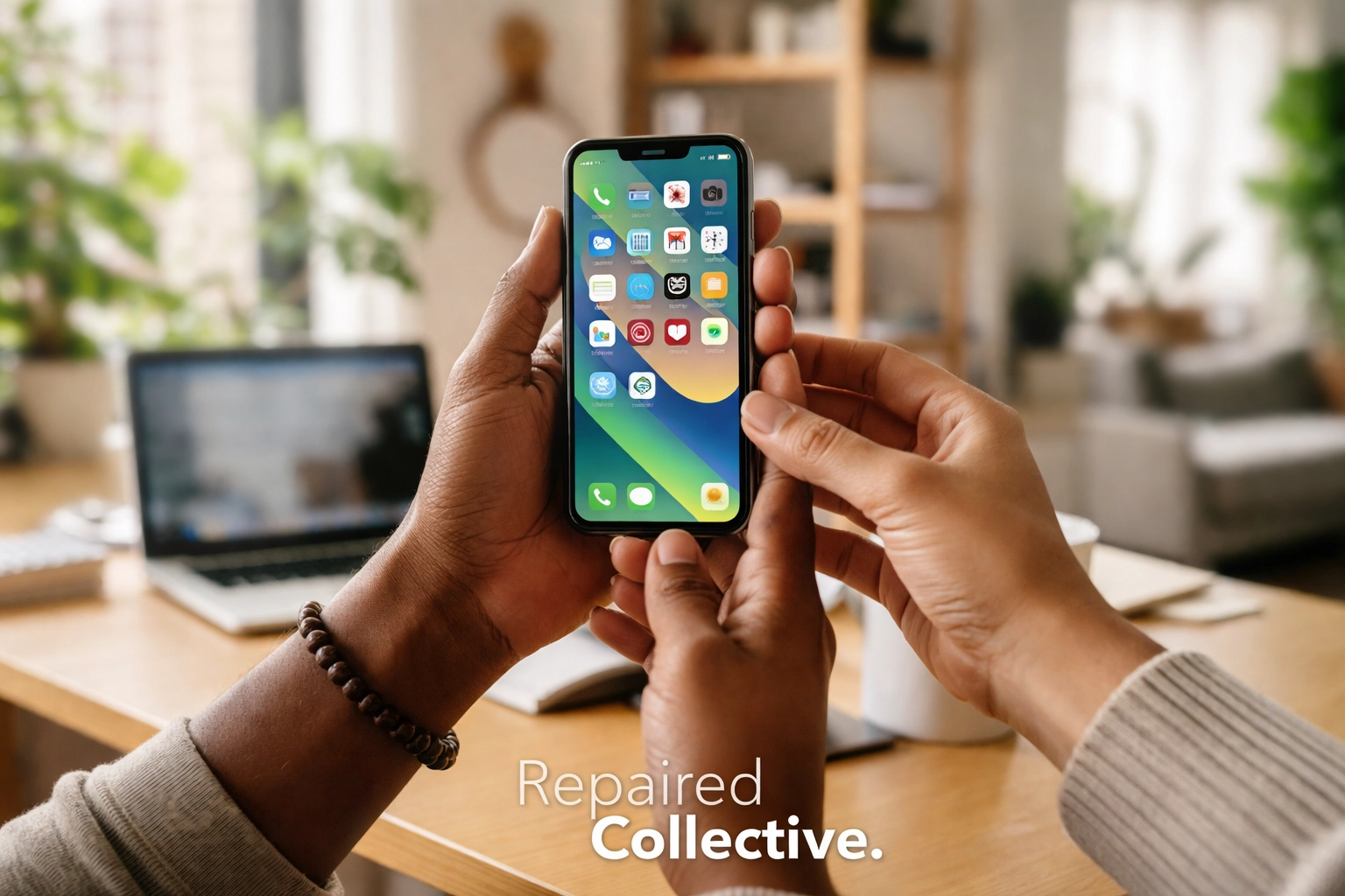 Hands hold a newly repaired iPhone at a desk with a laptop, symbolizing productive Mondays after home phone repair.