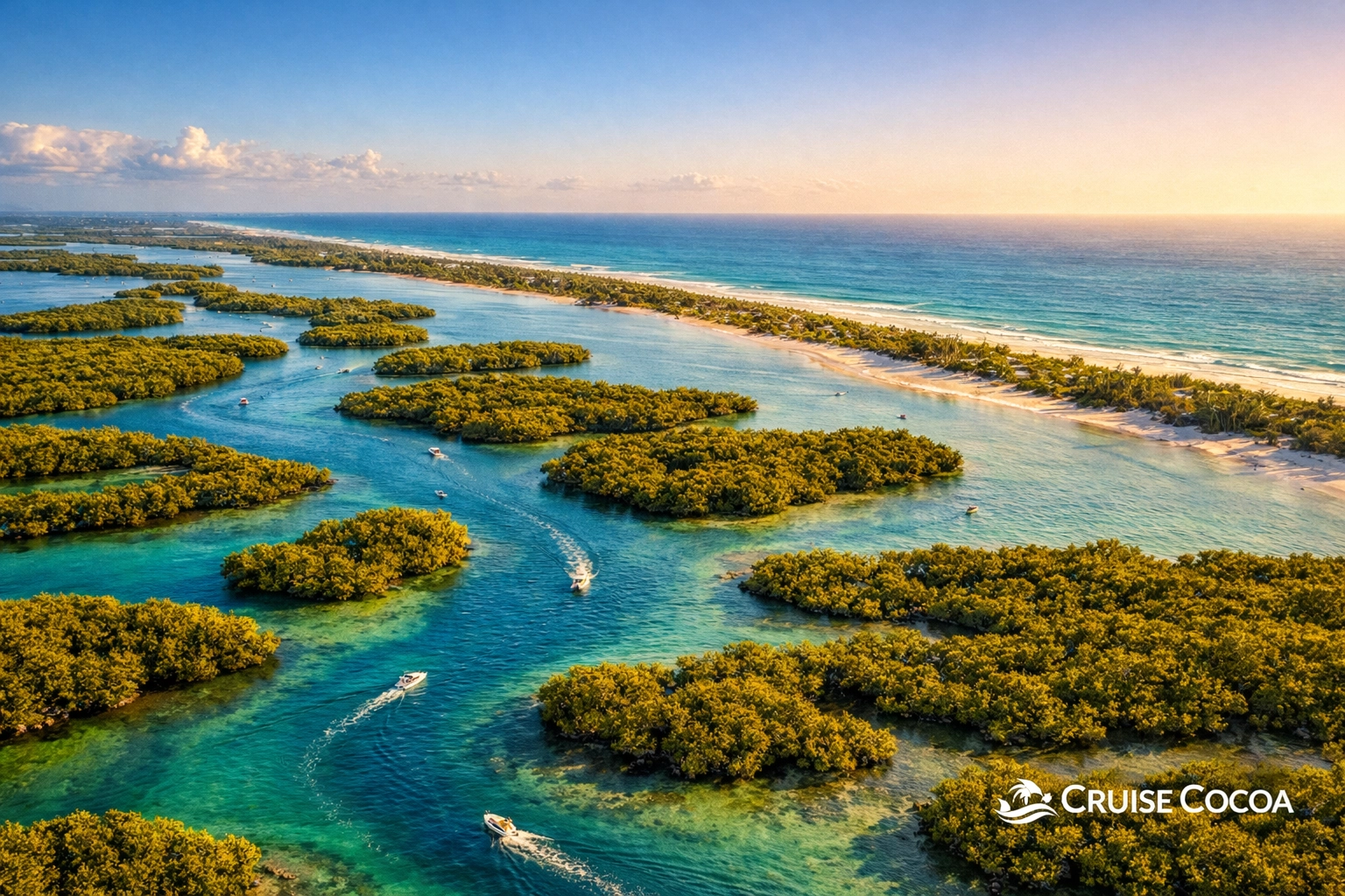 Aerial view of Indian River Lagoon mangrove islands and boat tours near Cocoa Beach and Melbourne