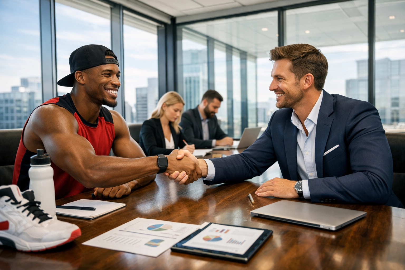 Brand executive and NIL athlete shaking hands to finalize a strategic Super Bowl marketing partnership.