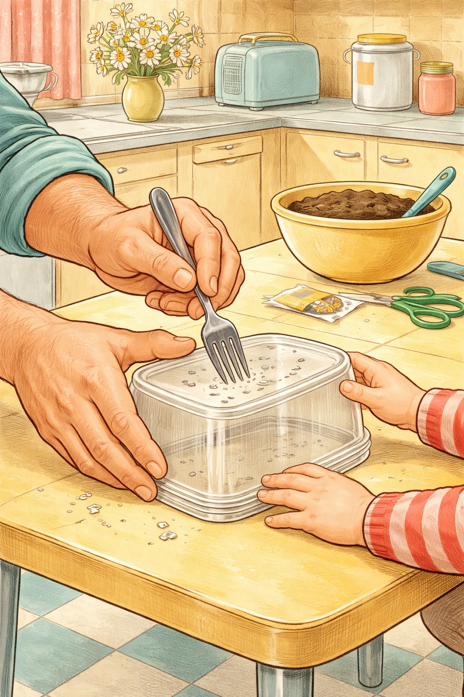 Adult and child hands poking drainage holes in a plastic container for a DIY mini greenhouse project