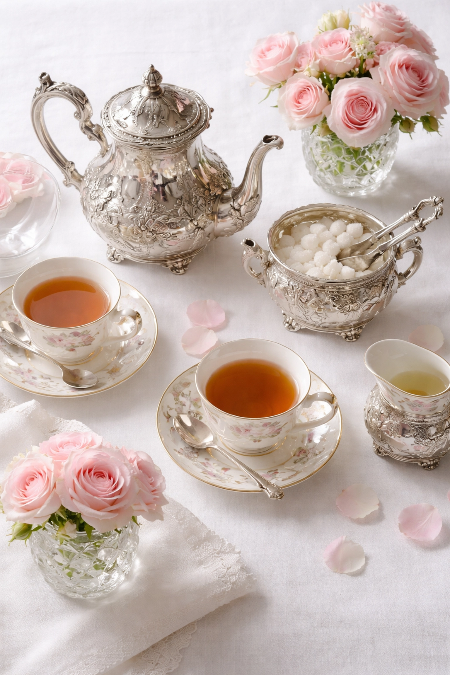 Overhead view of a Victorian silver tea service with fine china and pink roses on a crisp white tablecloth.