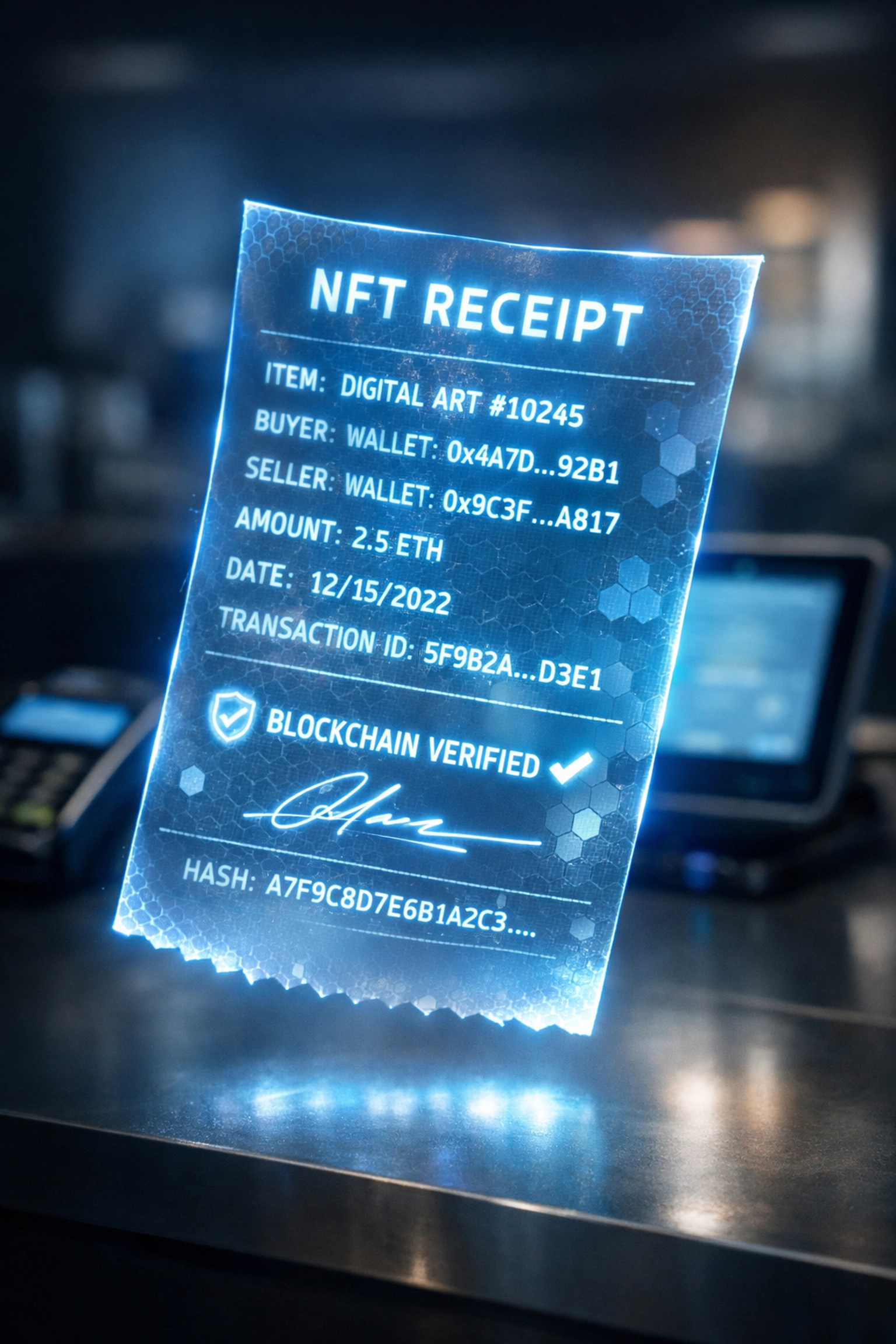 NFT receipt with blockchain verification replacing traditional paper receipts for merchant transactions