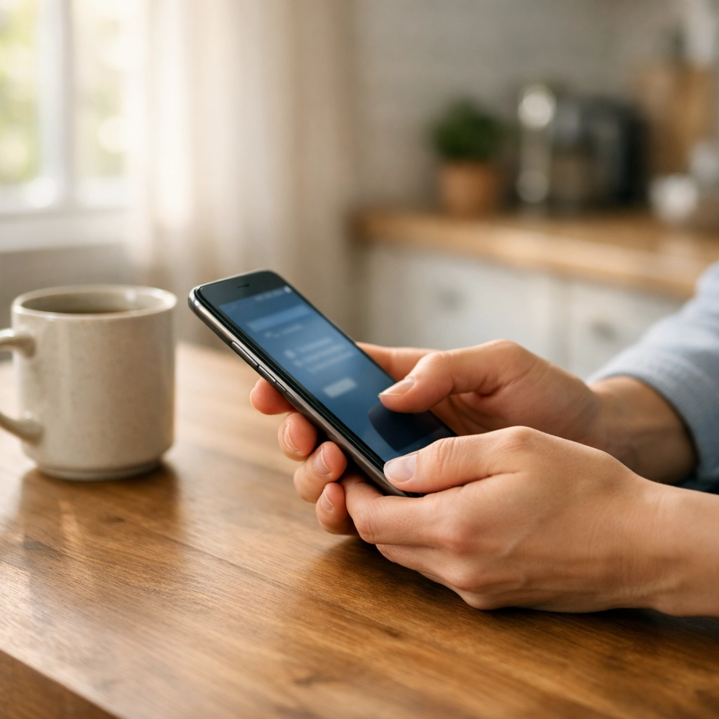 Person using a smartphone to apply for an emergency loan online in a bright, modern kitchen.