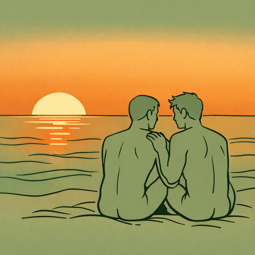 Two men sharing vulnerable moment on naturist beach - MM romance with body positivity themes